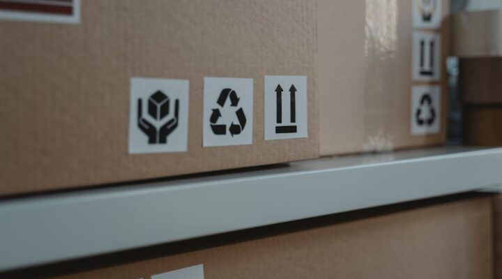 A modern warehouse packing line with branded sustainable paper boxes and bags overlaid with icons showing recycling compliance checklists and a US map of states with EPR laws