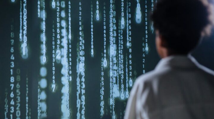 Futuristic AI generated packaging designs floating in a digital interface showcasing personalized labels and sustainable materials with glowing data overlays