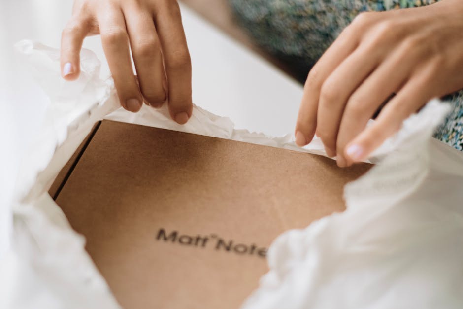 Step by step unboxing sequence infographic showing a custom box opening layers outer branded sleeve protective insert product reveal with thank you card and QR code