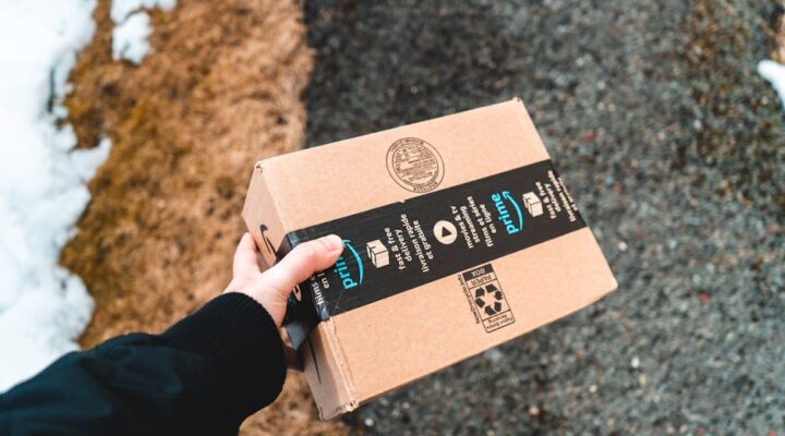 Vibrant cityscape at dusk with delivery trucks e commerce packages stacked on sidewalks and diverse urban consumers holding branded custom boxes emphasizing density and convenience