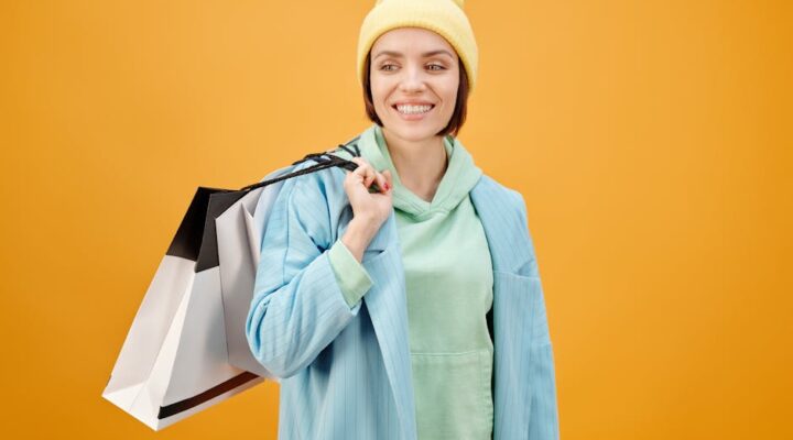 Vibrant cityscape at dusk with diverse urban consumers holding custom branded paper bags and boxes overlayed with icons representing e commerce sustainability and personalization