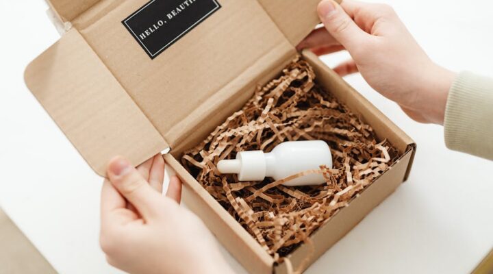 Vibrant unboxing scene of a custom printed mailer box for a DTC beauty subscription showing colorful branding product reveal and excited customer hands